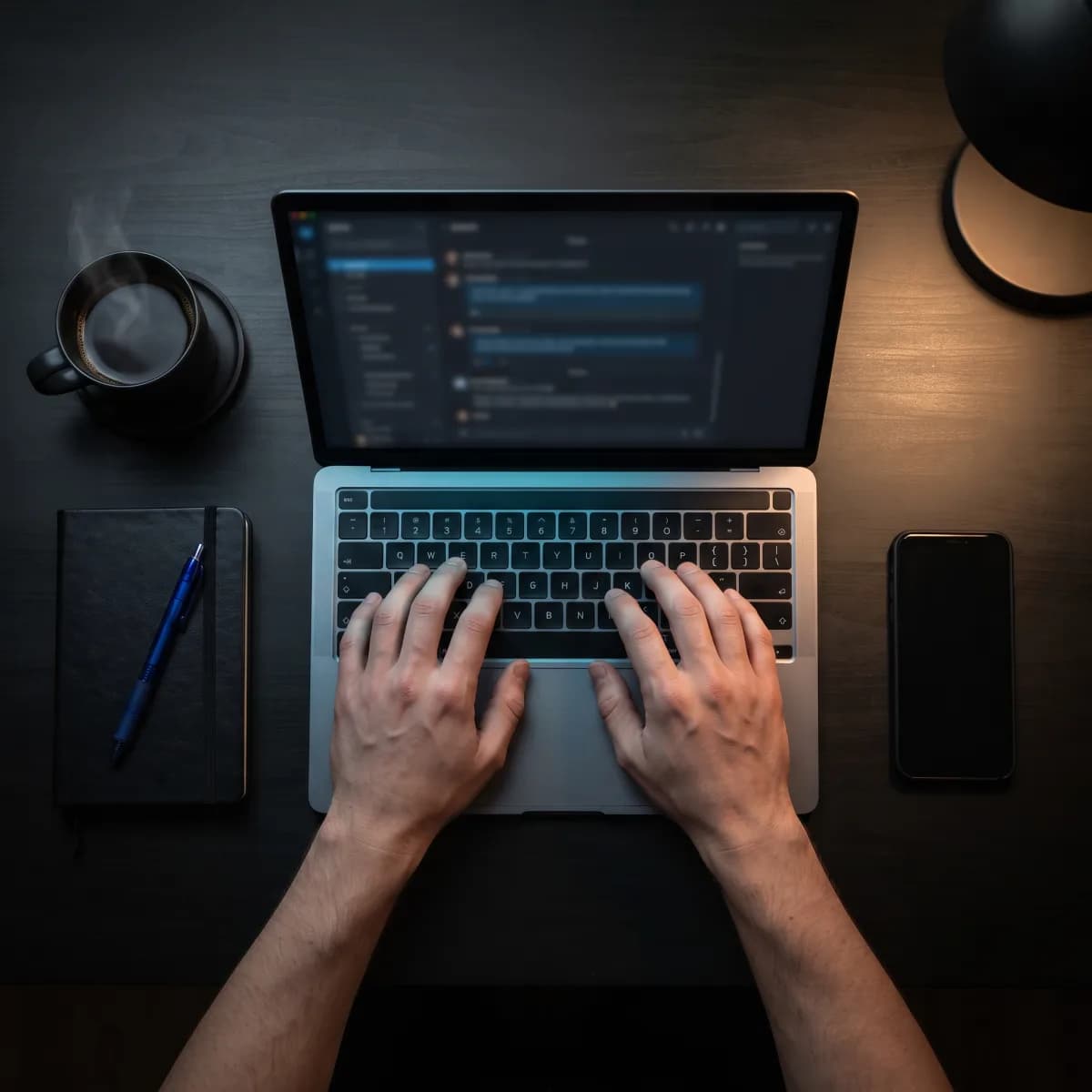 Escritorio con laptop, café y libreta